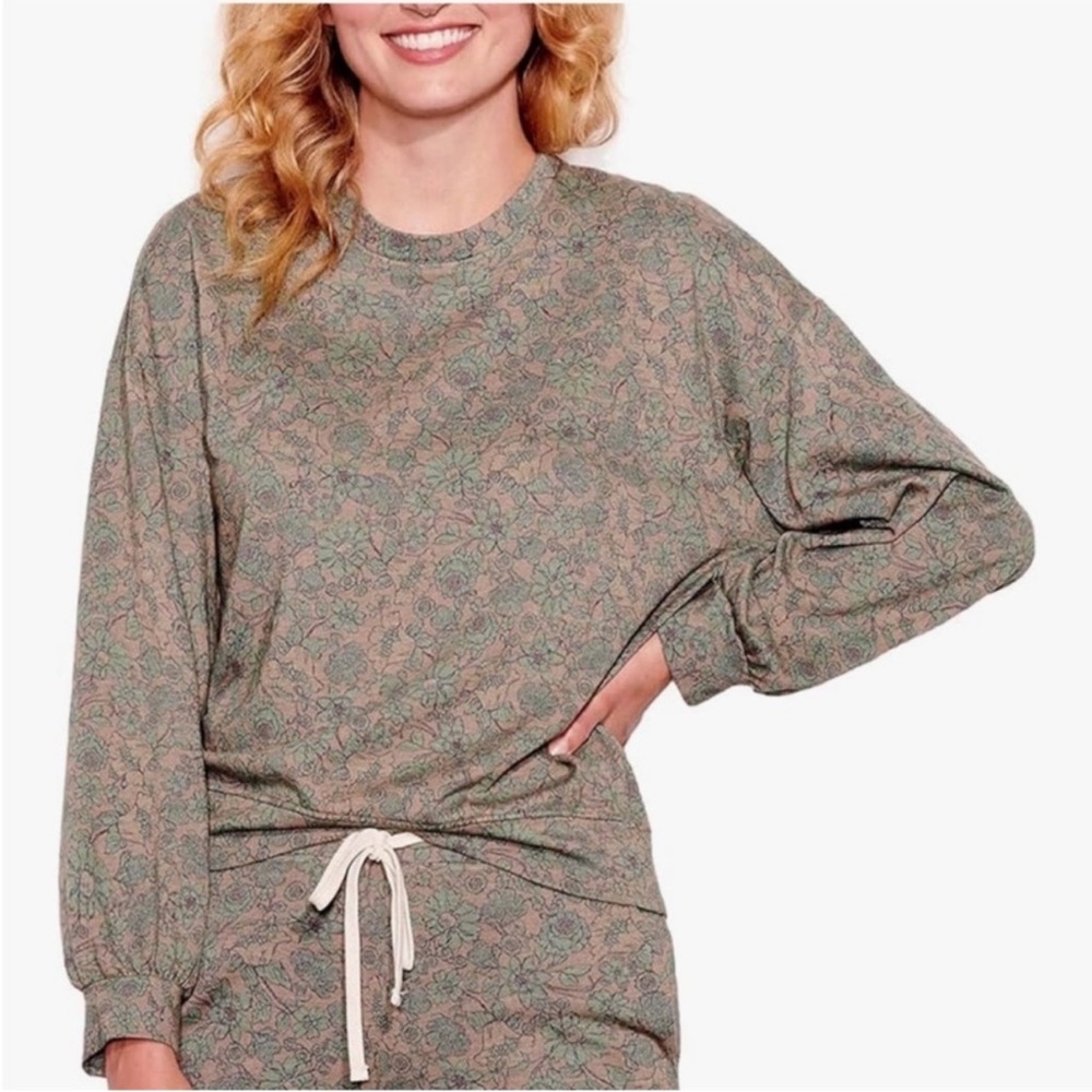 Sundry green floral cotton blend sweater raglan sweatshirt popover Size S 1